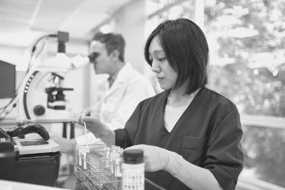 A technician working with samples at a lab that performs pre-employment drug screenings.